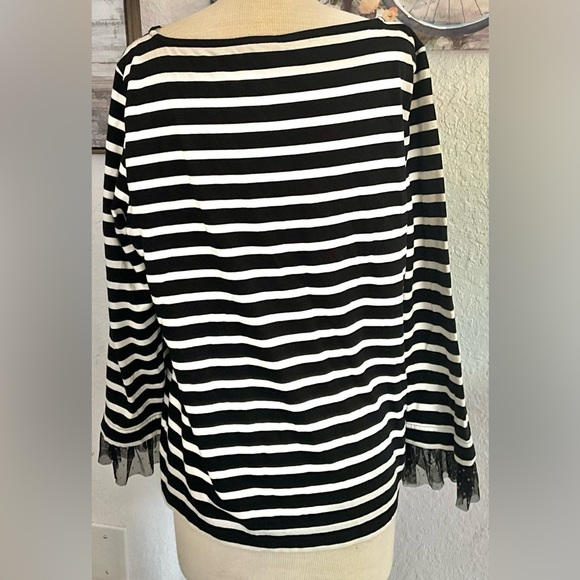 J Crew Womens Black & White Striped Long Sleeve Flocked Lace Cuff Pullover Top L - Picture 3 of 5
